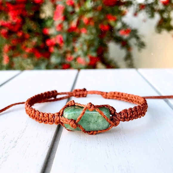 Handmade by me! Jewelry - Wrapped Aventurine Stone in Old Copper Cord Bracelet